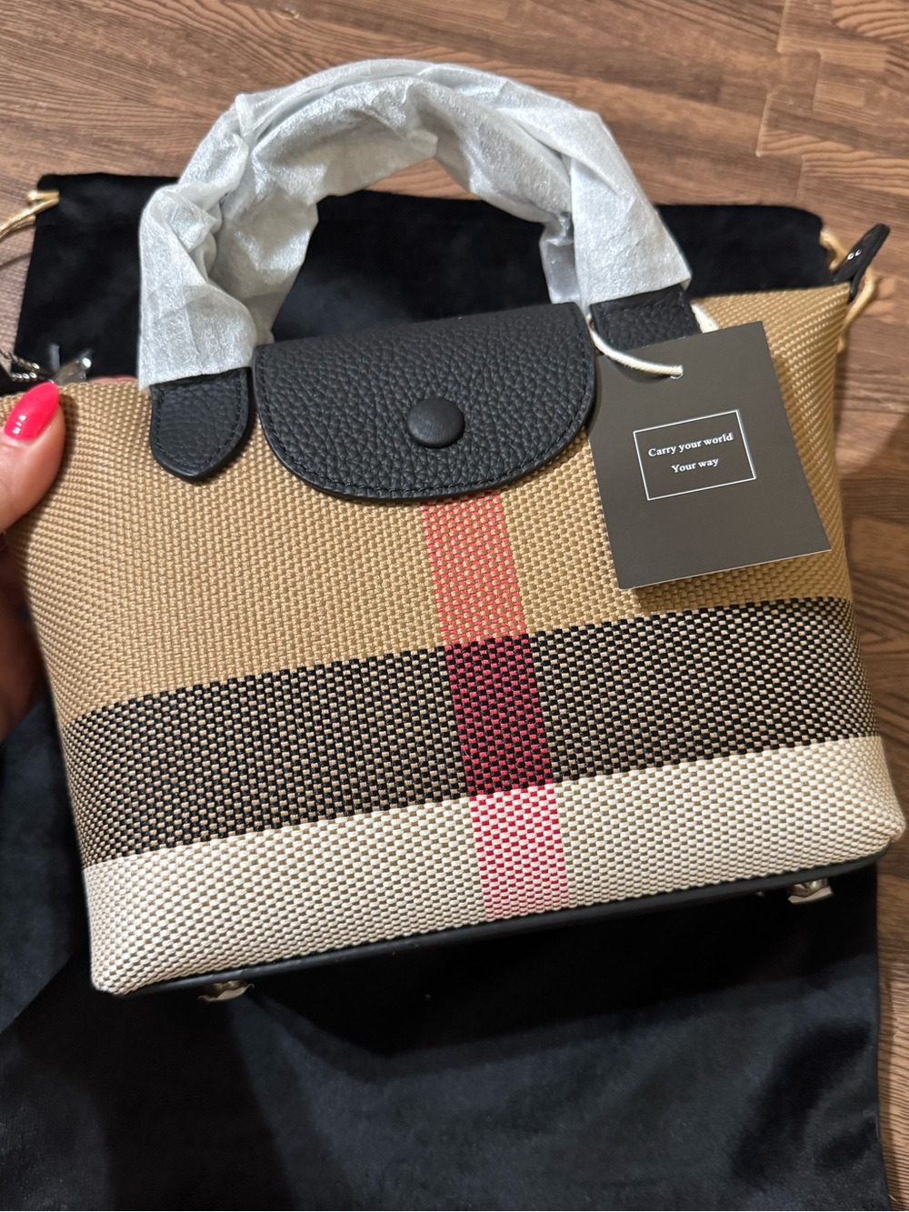 Classic Checked Tote Handbag - Beige with Black & Red Stripe NWT